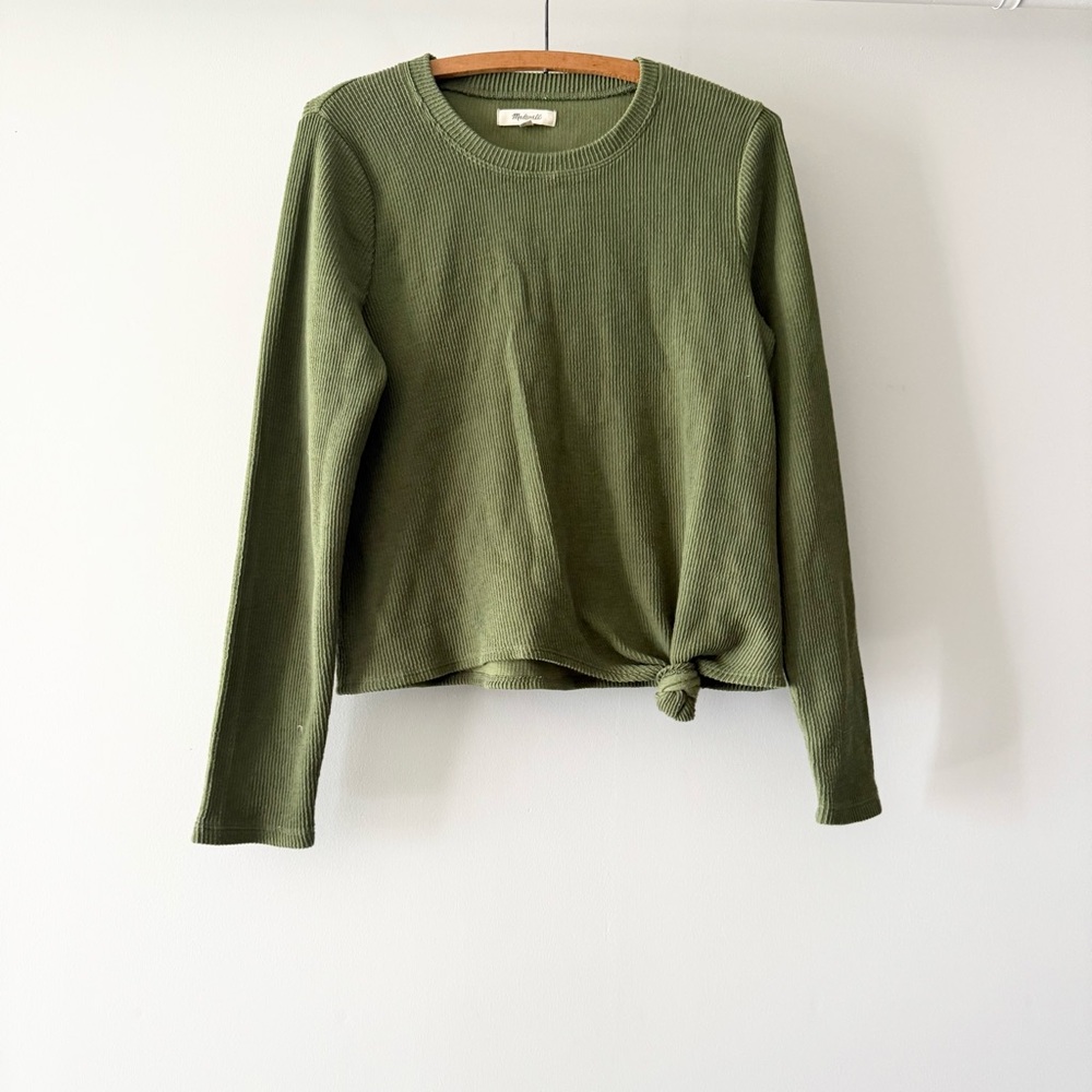 Madewell Top Elwood Knot Front Long Sleeve Jacquard Palm Tree‎ Green M